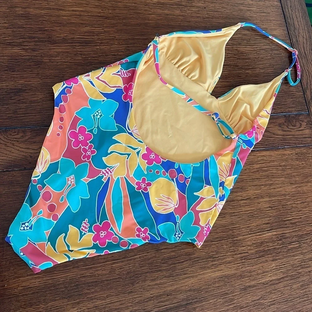 Marine Layer Plunge One Piece Swimsuit Medium Hibiscus Tropical NWOT Hawaiian